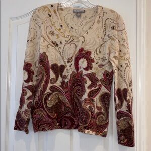 Cashmere Charter Club Cream and Red Paisley Long Sleeve Top